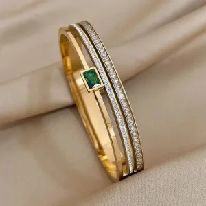 Elegant Stainless Steel Bangle with Green Stone & Crystal Detailing
