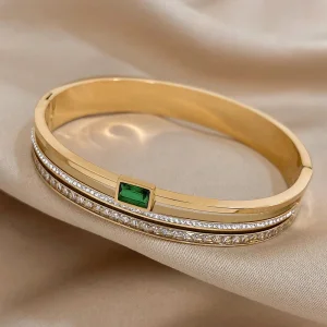 Elegant Stainless Steel Bangle with Green Stone & Crystal Detailing