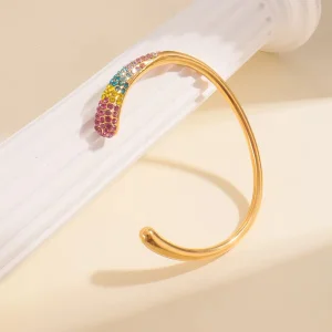 Minimalist Stainless Steel Open Cuff Bangle with Crystal & Multicolor Stone Accent