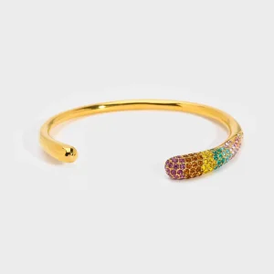 Minimalist Stainless Steel Open Cuff Bangle with Crystal & Multicolor Stone Accent